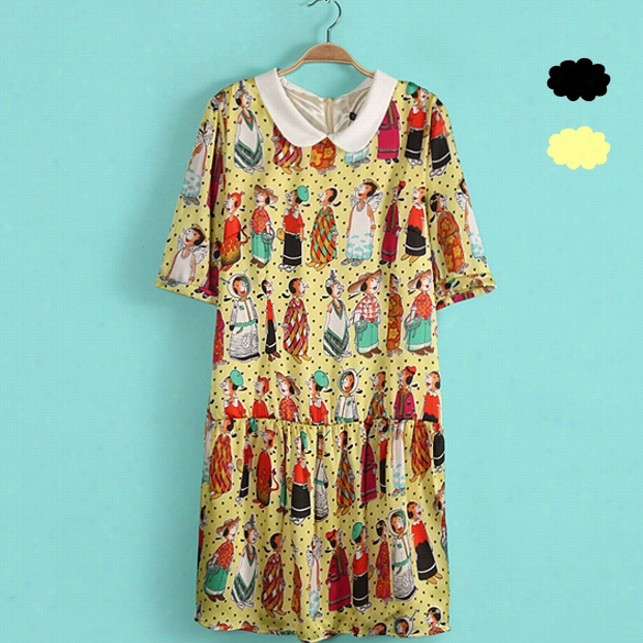 New Cute Woemn's Girl Doll Collaar Short Seeve Printing  Chiffin Dress 2 Colors