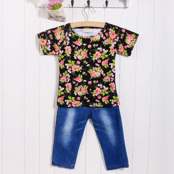 New Fashion Children Kids Girl's Wear Cute Lovely Casual Pants Set O-neck Floral Printed T-shirt And Long Jean