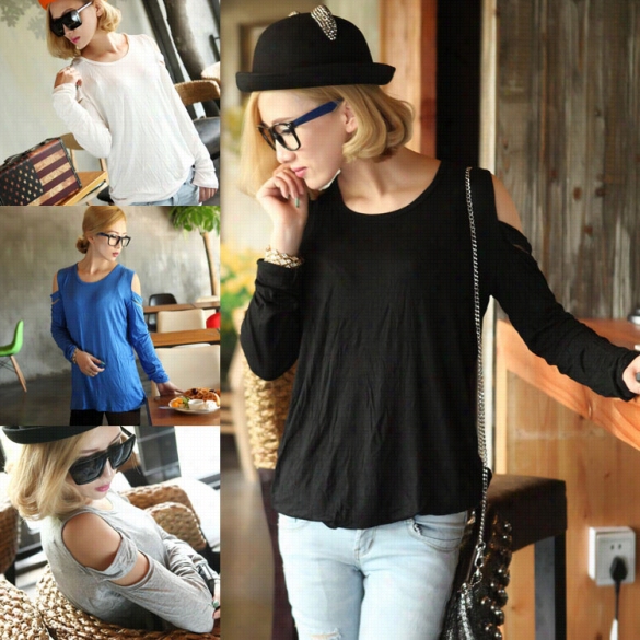 New Fashion Sexy Women's Sli Solid Long Sle Eve O-neck Lon Toops Bl Ouse Shirt