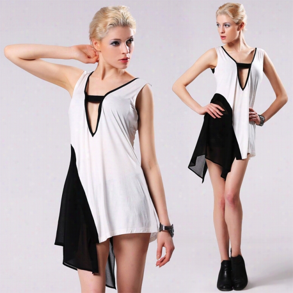 New Fashion Wwomen Sexy Casual Deep V-neck Sleeveless Irregular Patchwork Contrast Disguise Tank Tops