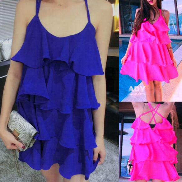 New Fashion Wome N Spaghetti Strap Loose Tiered Ruffles Backless Solid Chiffon Ddress