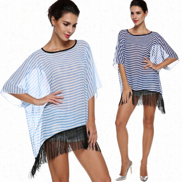 New Fashion Women's 3"4 Sleeve O-neck Stripe Chiffon Long Loose Tassel Blouse Shirt Top