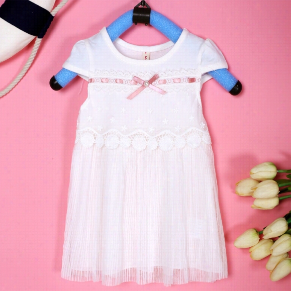 New Kids Girl's Round Neck Bow Short Sleeve Cute Party Wedding Birthday Dress