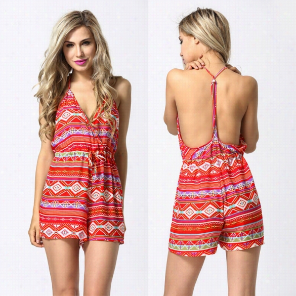 New Lady Women's Sexy Geometric Print V-neck Strap Backless High Waist Drawstring Jumpsuit