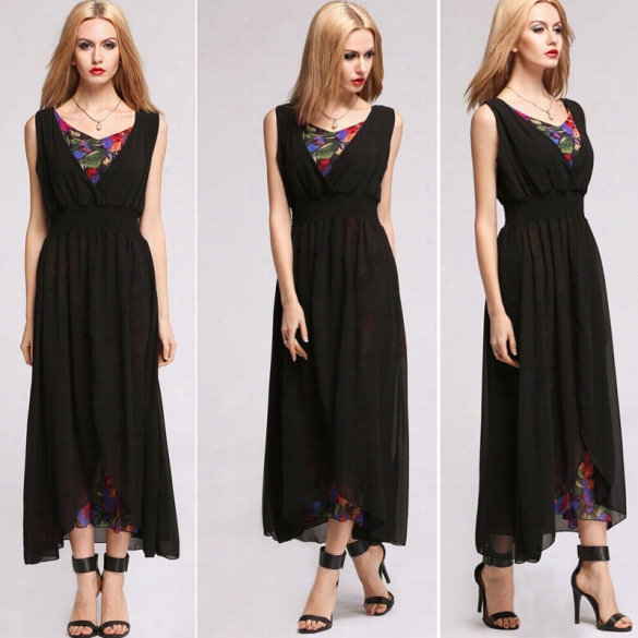 New Lady 's V-neck Cocktail Evening Party Beach Long Waist Dress Bohemian Style