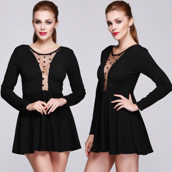 New  Style Fashion Lady Women's Party Backless Mesh Splicing Long Sleve Ssexy  Elegznt Dress