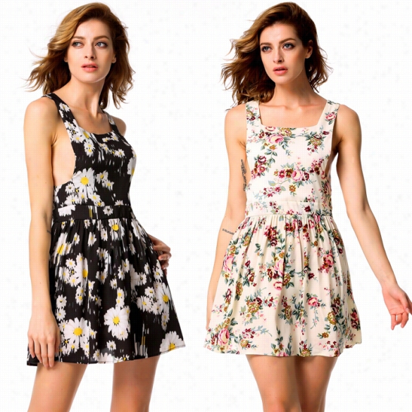 New Stylish Woman Of Refinement Women's Fashion Printed Sleeveless Square Neck Sexy A-line Dress