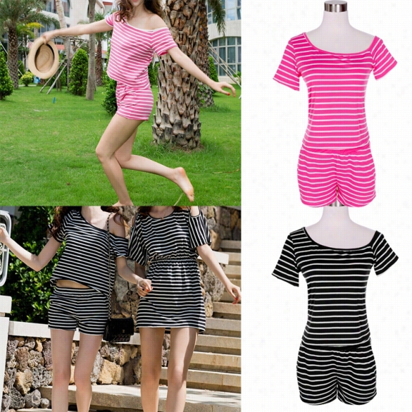 Ne Stylish Lady Women's Fashion Short Sleeve Asymmetry Neck Sexy Striped Top Ad Shorts Set