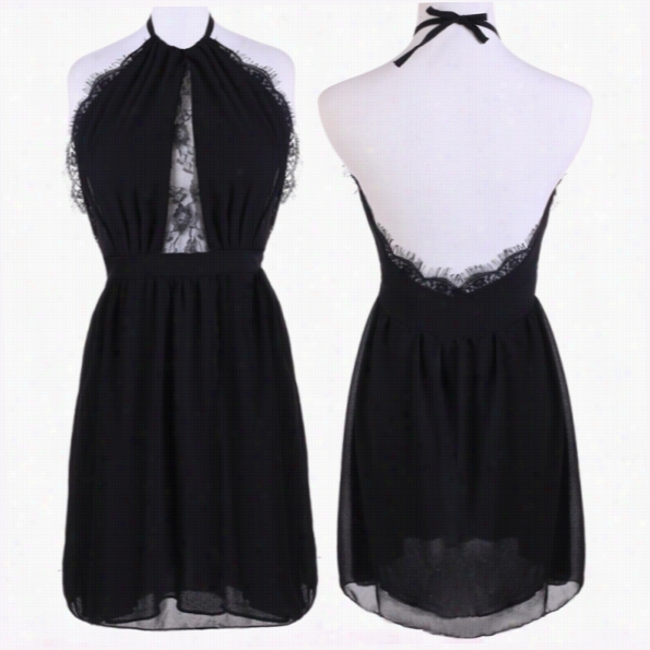 New Stylish Lady Women' S Sexy Halter Sleevelesss Ohllow Out Backless Chiffon Wtih Lace Dress