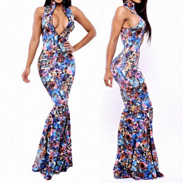 New Styl Ish Womeh Sleeveless Sexy Bodycon Slim Fishtail Print Club Faction Maxi Dress