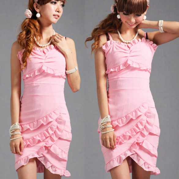 New Sweet Pink Women Gorgeous Flouncing Irregular Hem Chiffon Dress Sleevelesd Derss Prom Dress