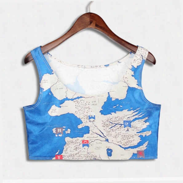 New Women Fashion Sexy Sleevelesss Map Pritn Casual Personalized Elastic Tank Crop Top