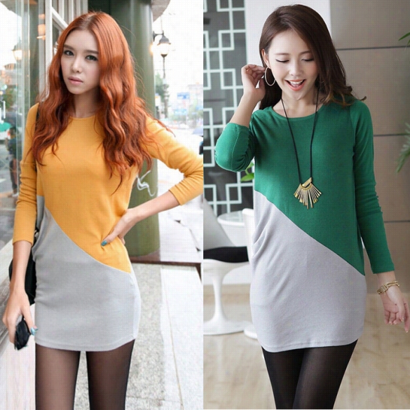 New Women's Fashion Long Sleeeve O-neck Splicing Slim Fitting Dress