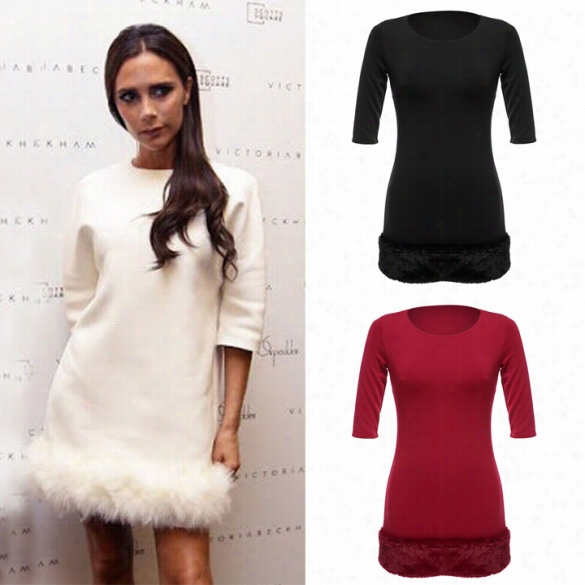 New Women's Fashipn Medium Sleeve O-neck Slender Fitting Warm Thick Dress