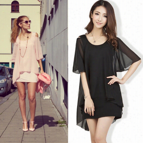 New Women's Ladies Fashion Medium Sleeve Layered Stylish Mini Chiffon Clothe