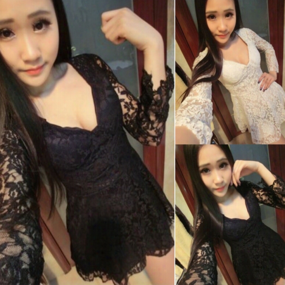 Sexy Women Long Sleeve High Wist Mini Dress V-neck Lace Crochte Party Dress