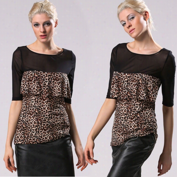 Sexu Women Mesh Splice Leopard Blouse Medium Sleevve Asymmetric Hem Blouse Tops