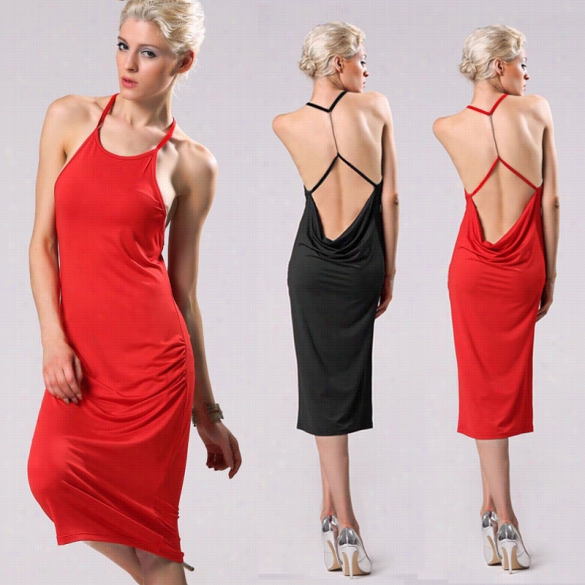 Sexy Womne Spaghetti Strap Slim Backless Dress Stretch Sleeveless Dresss