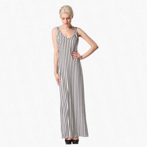 Stylish Angvns Ladie$ Women Black White Striped V-neck Full-length Sleeveless Slim Dress