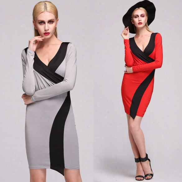 Styish High Quality Women's New Fashion Long Sleeve V-neck Sexy Stretch Bodycon Wrap Dress