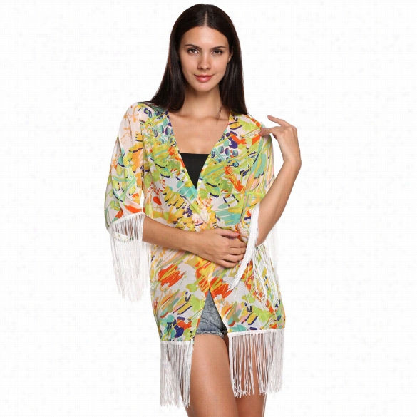 Stylish Ladies Women Casuual Open Stitch Flral 3"4 Sleevr Tassels Looose Kimono Chiffon Shirt