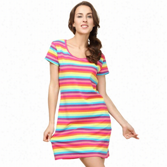 Stylish Ladies Women Casual Short Sleeve Multi Color  Bright Stripe Dress