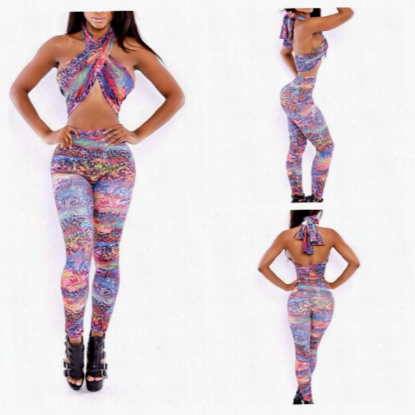 Stylish Ladies Wom En Sexy Halter  Neck Strap Crop Top And  Pants 2pcs Set