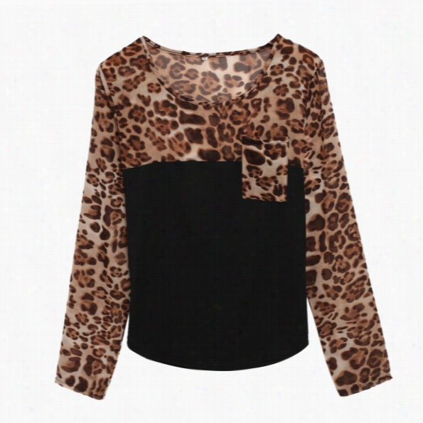 Stylish Ladies Wome N Sexy Lady O Neck Long Sleeve Leopard Chhiffo Patchwork Splicing Top Blouse Shirt