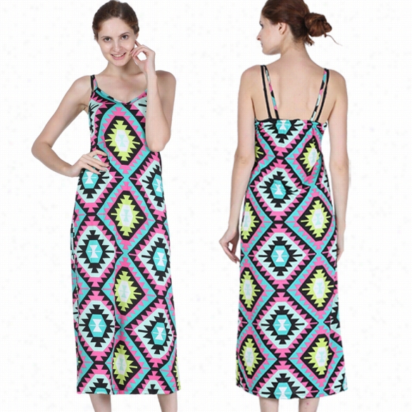 Stylish Ladiess Women Sexy Spaghetti Strpa Backless Sleeveless Geometric Print Lng Array