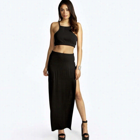 Stylish Ladies Women Sexy  Spaghetti Strap Crop Tops And Side Split Flap Two Pieces Set