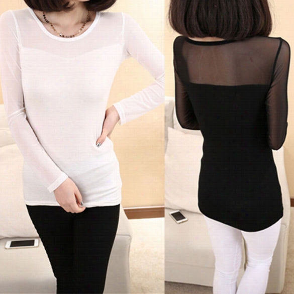 Stylish Lady Women Olng Sleeve Mesh Patchwork Stretch Bodycon Slim Basic Tops Blouse