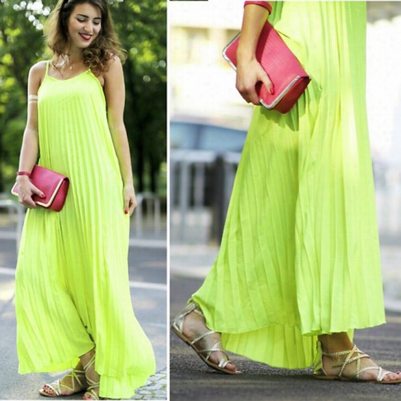 Stylissh Lady Women Sleeveless Strap Pure Candy Color Cas Ual Beach Lloose Long Clothes