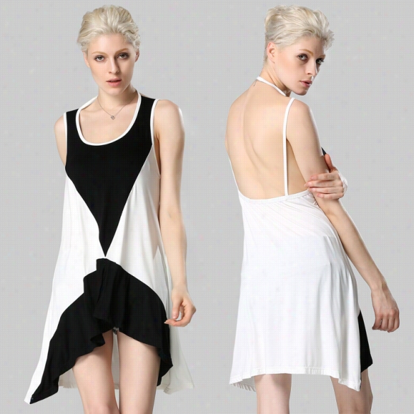 Styliish Lady Women's Accidental Pa Tchwork Irregular Sleeveless Backless Mini Dress