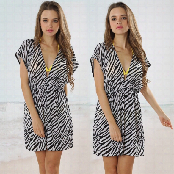 Stylish New Fashion Ladu Women's Striped Sleeveless V-neck Sexy Beach Dress