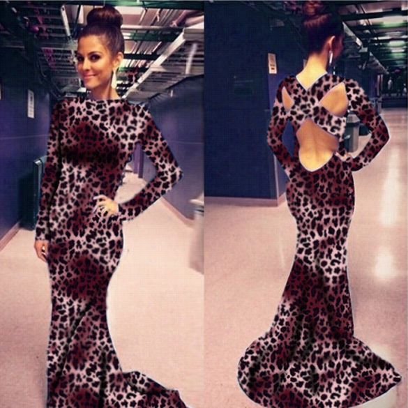 Fashionable Sexy Women's Long Sleeve Backless Bodycon Leopard Full  Dress Gown