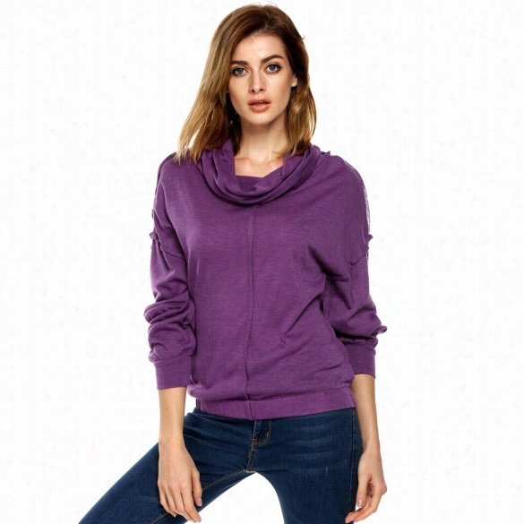 Stylish Women Casual Long Sleeve High Nekc Immoral Fitting Elastic Hem Solid Top