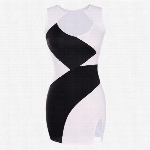 Stylish Women  Ladies Color-block Sleeveless Split Contrast Color Bodycon Dress