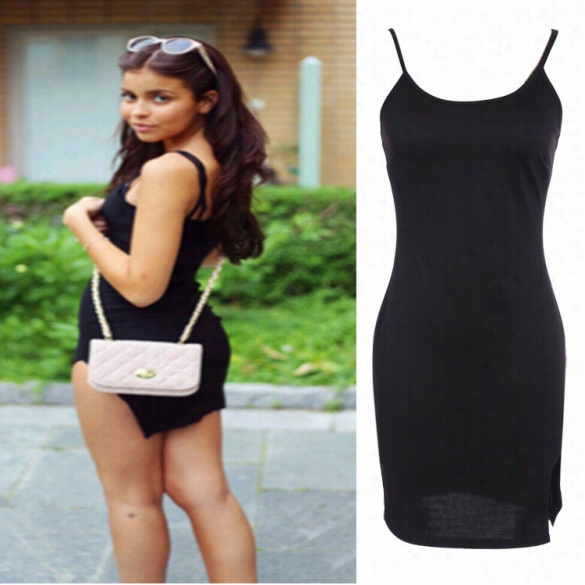 Fashionable Women Sexy Slim Round Ne Ck Sleeveless Strap Backless Side Split Solid Short Dress