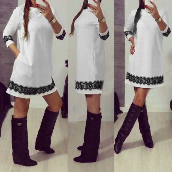 Women Fashion Ruond Neck 3"4 Sleeve Lace Trimmihg A-line Short Dress