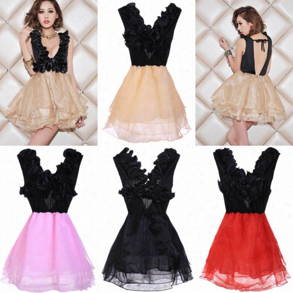 Womne Fashion Sexy Deep V Ncek Sleeveless Backless Organza Patcnwork  Contrast Color Ruffle Short Mini  Dress