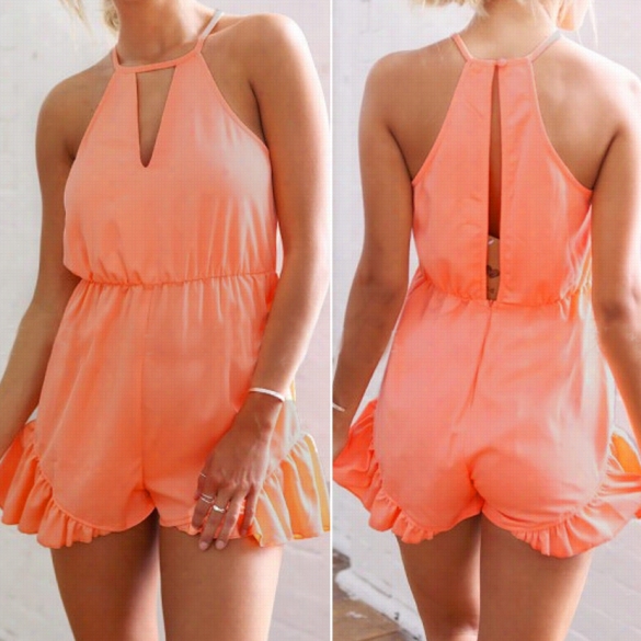 Women Fashion Sexy Halter Sleeveless High Elasticwaist Ruffle Hem Solid Short Playsuit Jumppsuit