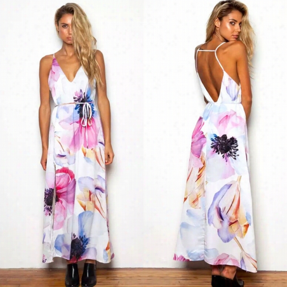 Women Fash Ion Sexy V Neck Sleeveles Bsacklesd Strap Floral Print Si De Split Irregular Long Dress