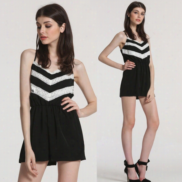 Women Fashion Sexy V Neck  Sleeveless Strap Backless Springy High Waist Ace Stitching Shkrt Chiffon Playsuit Jumpsuit