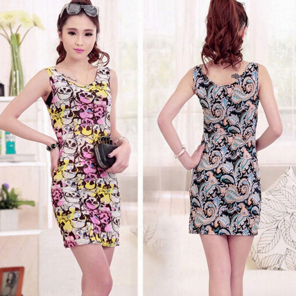 Women Fashion Slim Retro Ro Und Neck Sleeveless Flower Print Stretch Short Tank Dress