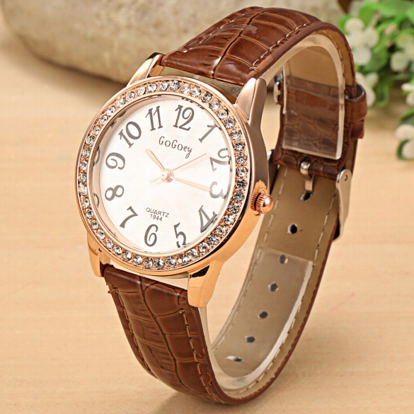 Women Fash Ion Synthetic Leather Large Dial Rhinestone Quartz Analog  Wirstw Atch Wristwatches