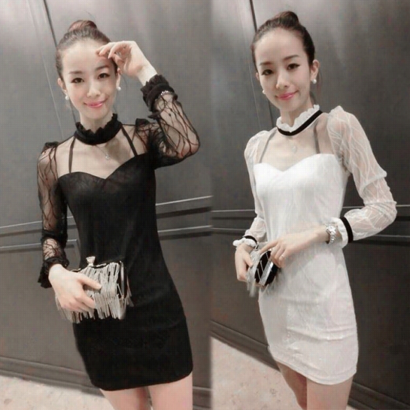 Women New Fashion Long  Seleve Net Yarn Dress Bodycoon Evening Party Dress