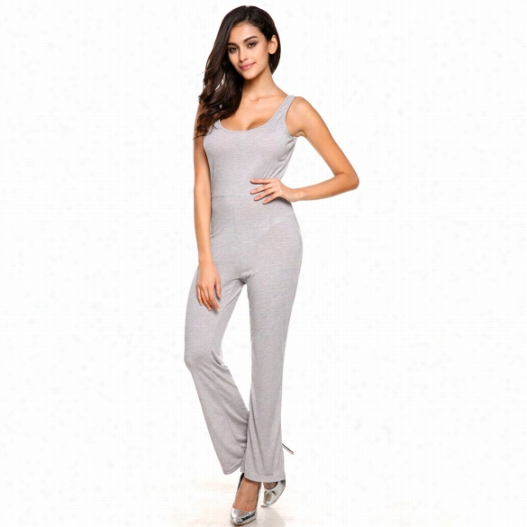 Women Sexy Casual Slim Round Neck Slreveless Backless High Waist Stretcn Solid Long Jumpsuit