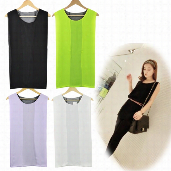 Women Sleeevelss Double Layeers Chiffon Vest Dress Skirt With Bel 4colors