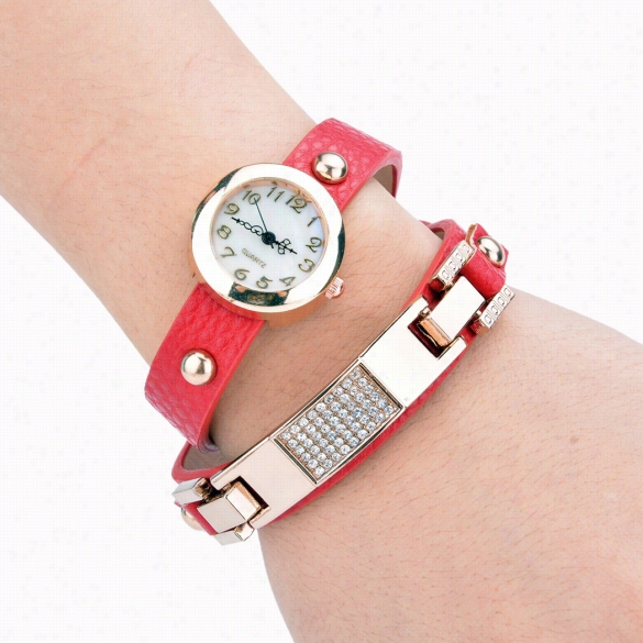 Women Vintage Synhtetic Leather Strop Watch The Set Screw Rivsts Bracelet Watch