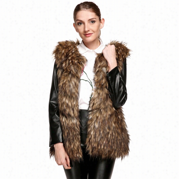 Women Winter Fashion Slim Faux Fur Synthetic Leather Pa Tchwork Long Sleeve Jacket Coat